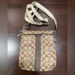 COACH SWING PACK CROSSBODY PURSE TAN BROWN SIGNATURE C JACQUARD